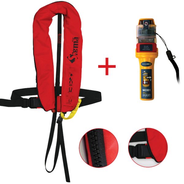 Lalizas - Sigma Inflatable Lifejacket Auto with Plastic Buckle, Harness & Zipper and Ocean Signal MOB1, Set 170N, ISO