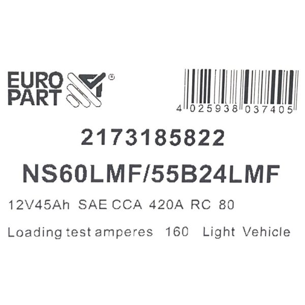 Europart - Maintenance Free Car Battery 12V 45Ah - 55B24LMF / NS60LMF