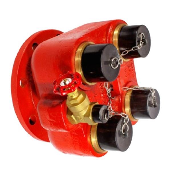 Wetplug - Cast Iron Breeching Inlet 6'' x 2-way Male Instantaneous Coupling with NRV to BS336 Flanged Outlet with 1'' Brass Gate Valve - WP-644